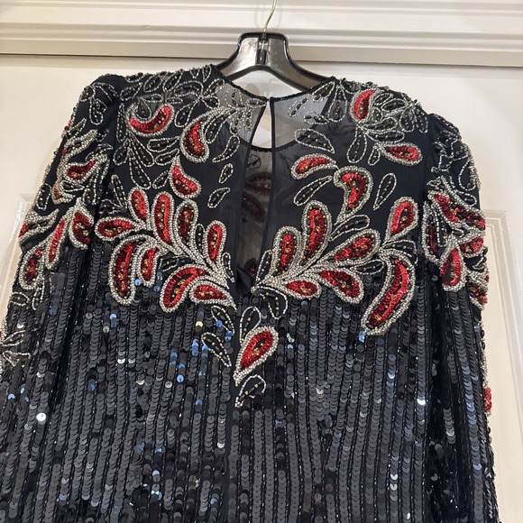 VTG 90s‎ Niteline Dress Women Sz 6 Black Silk All Sequin Floral Beaded Maxi Gown - Picture 4 of 14
